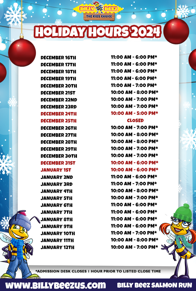 2024 Billy Beez Holiday Hours